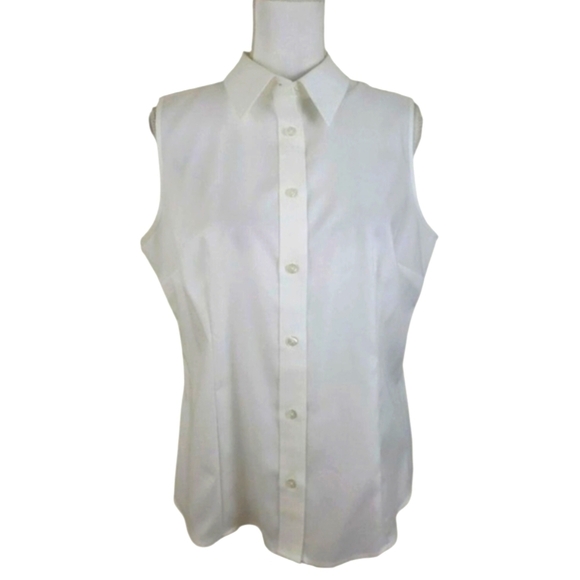 KASPER ~Woman Size 14 Petite~ White Sleeveless Button-Up Shirt Top Non-Iron NWOT - Picture 8 of 12
